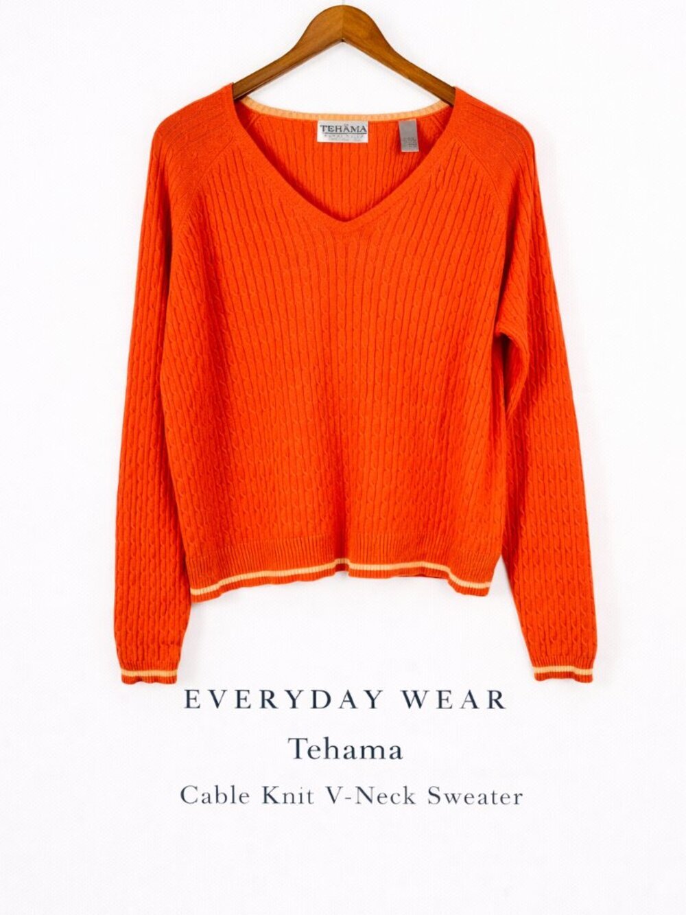 Tehama Orange Cable Knit V-Neck Sweater Cotton Preppy Golf Core XL